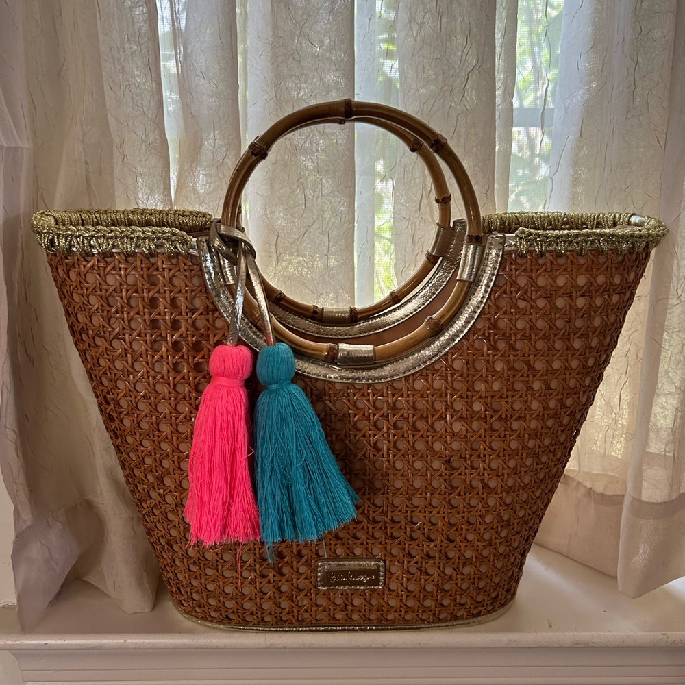 Lilly Pulitzer Straw Tote Bag with Bamboo Handles